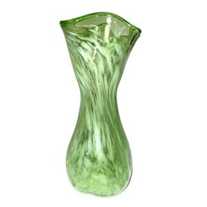 Vtg MCM Vase Emerald Green White Streaks Ruffled￼ Top Pinched 4 Sides, 7"Tall